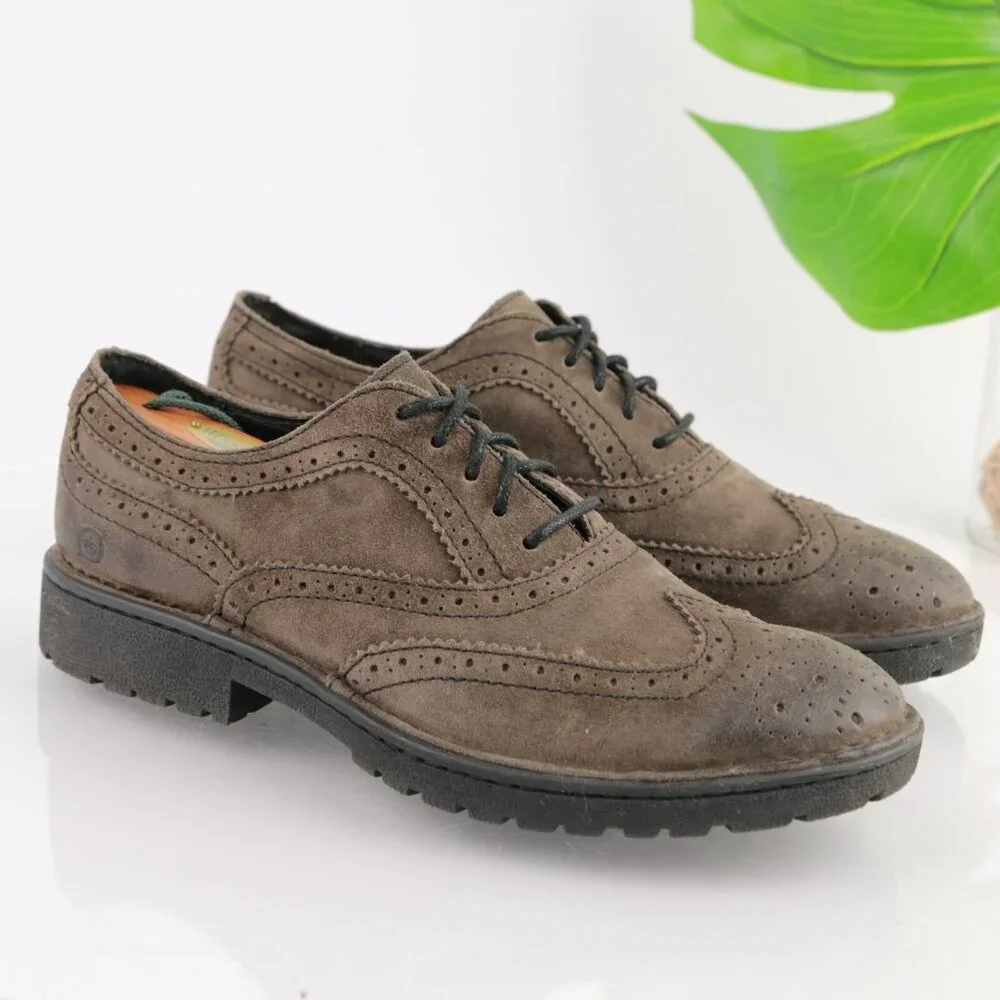 Born Mens Oxford Size 9 Brown Suede Wingtip‎ Brogue Lug Sole Dress Shoe